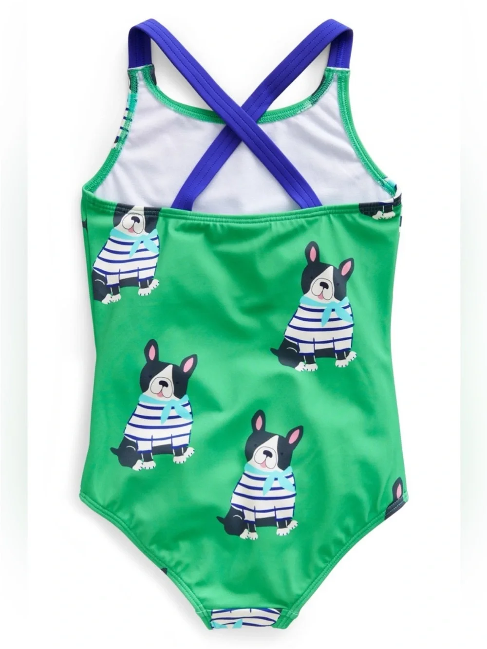 Mini Boden Cross-Back Swimsuit Dog Frenchie Print Green One Piece 9-10 years